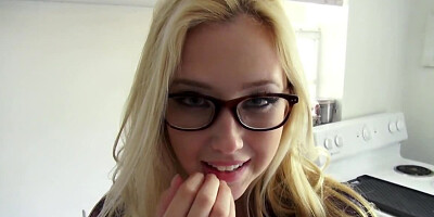 Small-tittied blonde with glasses sucks and rides cock on camera