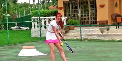 Redhead is playing tennis and getting naked to play with balls