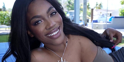 Ebony with a great smile is fucked by a horny white dude