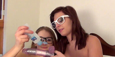 Nerdy girls strip naked and play with sex toys