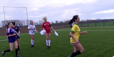 Horny soccer girls love to get naked in a group