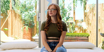 Shy redhead nerd with amazing natural tits fucks outdoors after the casting couch interview